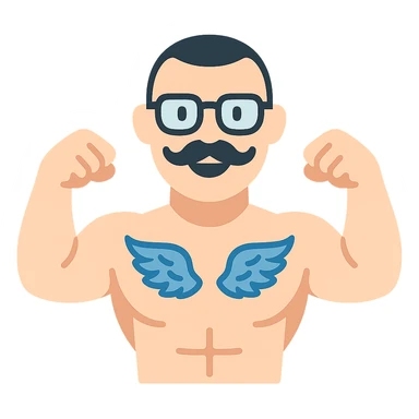 pumped up white male, glasses, buzz cut black hair, handlebar mustache black, two wings tattooed on his chest sticker