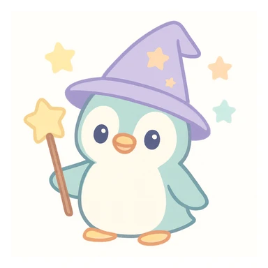 a penguin dressed as a wizard, with a pointed hat and a magic staff, in a fun and whimsical style sticker