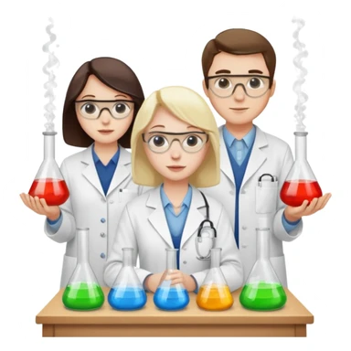 The team of three scientists is waist-deep, surrounded by chemical flasks and books sticker