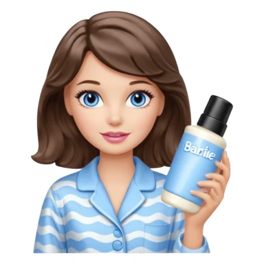 Barbie girl with makeup, blue eyes , and bob long haircut wavy, short brown hair in creamy color pajamas, face cream in hand sticker