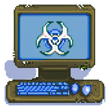 blue screen computer with a biohazard sign sticker