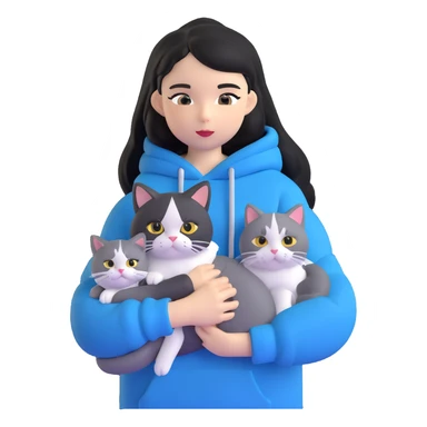 Girl with black hair in gray hoodie with a British shorthair blue and white cat and a long-haired blue and white cat sticker