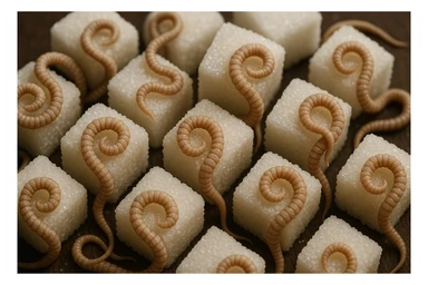 ZOLLETTE DI ZUCCHERO CON PARASSITI TIPO LA TENIA ARROTOLATE INTORNO AD OGNI ZOLLETTA, IPERREALISTICO 4K sticker