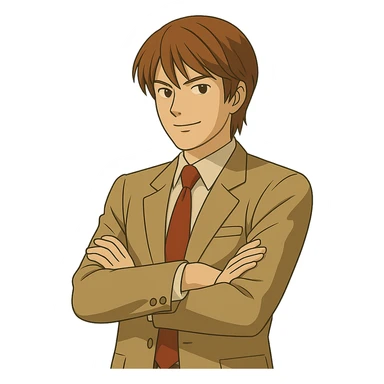 Light Yagami in Ghibli style, standing with arms crossed, confident expression, transparent background. sticker