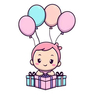 happy baby girl surrounded by pastel pink balloons and presents at birthday party sticker