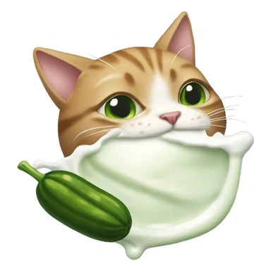 Cat biting on pickle with milk sticker