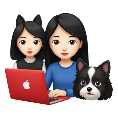 Asian girl with long black hair working on an Apple laptop, next to her is a small black and white dog with no collar on  sticker