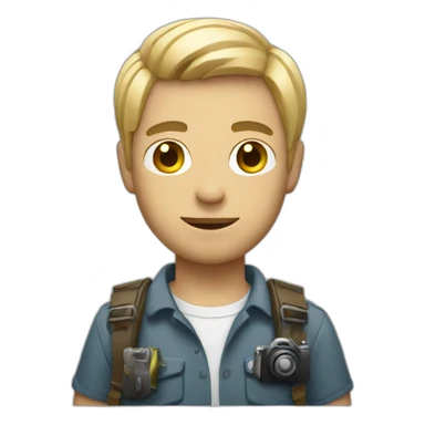 Guy with dirt blonde middle part holding a camera sticker