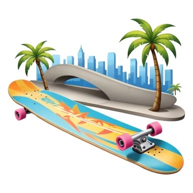 An icon featuring a skateboard resting on a smooth concrete surface. The background shows a sunny skate park with ramps, graffiti walls, and palm trees, creating an urban vibe. The skateboard is designed with vibrant colors and unique graphics. Transparent background  sticker