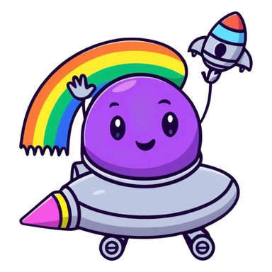 A cheerful rainbow crayon character waving while riding a silver UFO with glowing lights sticker