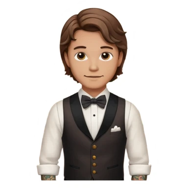 a bartender man with bow tie and vest, having brown wavy hair and tattoo 















 sticker