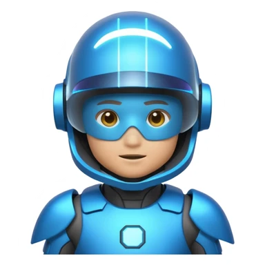 “Futuristic Roblox boy emoji, 2050 style. Blue neon visor, cyber helmet, metallic skin glow, hologram lines, tech-suit with glowing seams, soft neon background.” sticker