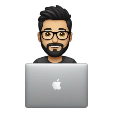 Designer with black hair, beard and glasses working with MacBook and drinking cappuccino  sticker