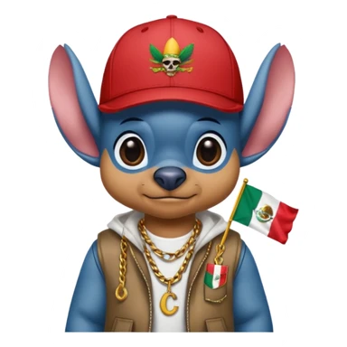 Crea un emogi de stich estilo reguetonero con una gorra con el nombre de Liam y la bandera de México en el pecho y lucho Blin blin sticker