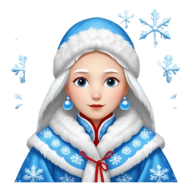 Legendary fantasy human Christmas portrait icon, Grandfather Frost and Snow Maiden style, traditional winter robe with fur, magical snow patterns, kind powerful expression, icy blue and white colors with red accents, classic Slavic winter fairy tale mood, clean readable emoji style, male/female sticker