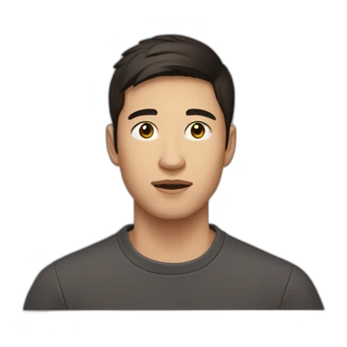 half asian half caucasian 21 year old man with very short dark brown hair wearing crewneck sticker