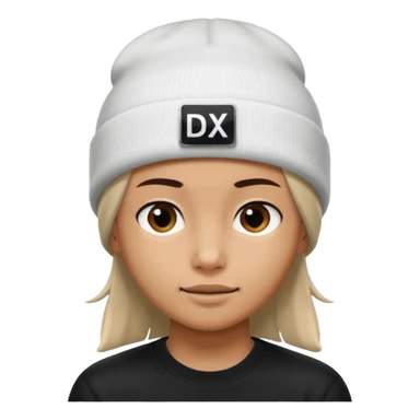 wearing a white beanie with an black square logo with the word "DX" written on it.

 sticker
