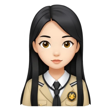 trendy schoolgirl with Asian skin, straight black long hair, chic uniform sticker