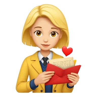 a romance novelist, romantic, dizzy, yellow tone skin, with a love letter sticker
