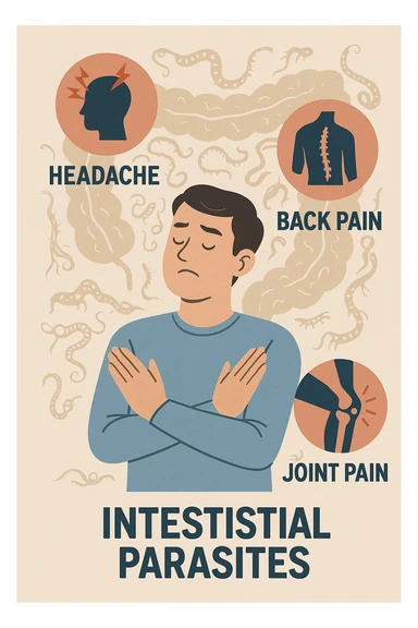 uomo che ignora i suoi un mal di testa, mal di schiena e dolore articolare e ignora ogni segnale e messaggio che il corpo manda per avvertirlo, ma alla fine dipendono tutto dai parassiti intestinali  sticker