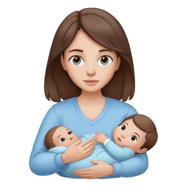 brunette girl with brown hair wearing pastel blue clothes holding a baby sticker