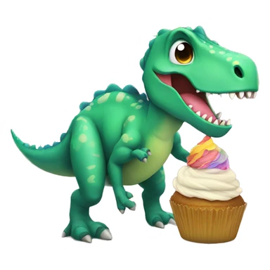 Dinosaur holding a cupcake under a rainbow sticker