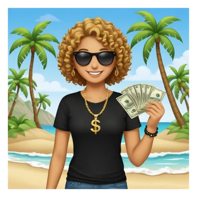 Smiling person with curly hair wearing black t-shirt and necklace, sunglasses, showing dollar bills, beach with palm trees sticker