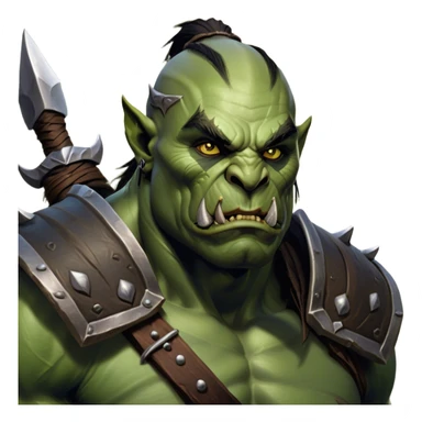 Cinematic Realistic WoW Orc Warrior Portrait, head tilted epicly and inquisitively, showcasing a commanding presence and raw, unyielding power. His battle-hardened green skin and muscular form, accented by meticulously crafted tribal armor in deep earthy hues, are rendered with lifelike clarity and dynamic lighting, high shine, epic and awe-inspiring, embodying the relentless spirit of an orc warrior ready for battle. sticker
