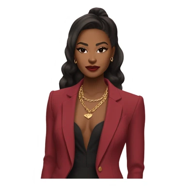 	•	Outfit: Deep red suit, gold necklace, pink clutch.
	•	Hair: Black, half-up with red bow, voluminous.
	•	Skin: Warm tan, smooth.
	•	Features: Defined brows, almond eyes, sharp jawline.
	•	Makeup: Winged liner, nude lips, soft blush. sticker