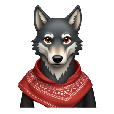 Wolf wearing a red bandana around its neck and a black hoodie sticker