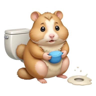 Cute chubby cartoon-style hamster sitting on toilet pooping looking as if he had an accident sticker