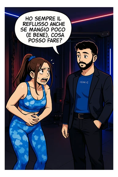 TRASFORMA QUESTO CAROSELLO IN UN FUMETTO STILE WEBTOON/MANGA A COLORI CON QUESTE DUE PERSONE IDENTICHE CHE INTERLOQUISCONO TRA LORO, LA DONNA è DISPERATA CON LE MANI sulla pania perché soffre di reflusso E STA DOMANDANDO TUTTA AGITATA UNA COSA ALL'UOMO:

LEI (DONNA): Ho sempre il reflusso anche se mangio poco (e bene), cosa posso fare?
 sticker