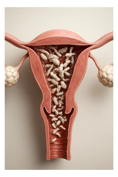 corpo umano anatomico con batteri come la candida nell'utero, sfondo neutro chiaro, iperrealistico 4k sticker