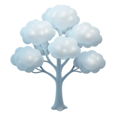 one tree with many branches and a white trunk, crown made of small very bright white fluffy convex clouds, matte glass style sticker