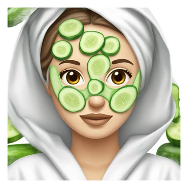 White girl with Brown hair and blue eyes wears a Green colored skincare clay textured mask and puts on cucumbers around her eyes while She relaxes in her white Robe sticker