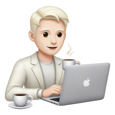 a man with white skin with a laptop and a cup of coffee sticker
