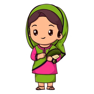 girl with light wheatish skin, dark brown hair, wearing dark pink kurti with sage green dupatta on head sticker
