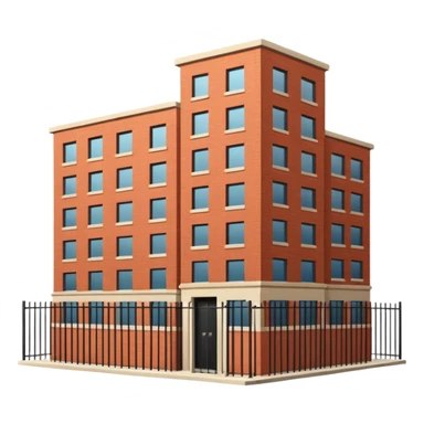9-story apartment building surrounded by fence, closed courtyard, minimal flat vector icon sticker