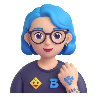 person with blue hair, glasses, and a visible tattoo, 3D emoji style sticker