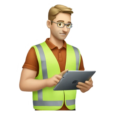 white skin male coordinator with vest on ipad on hand checking an aircraft motor sticker