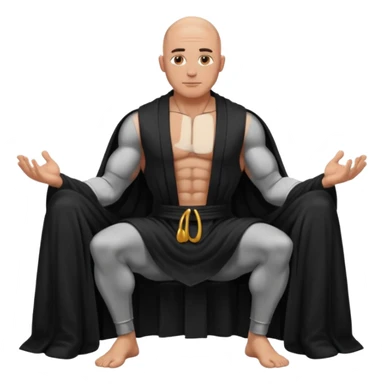 fullbody jacked bald guy, sleeveless and unbuttoned in black robe sitting sticker