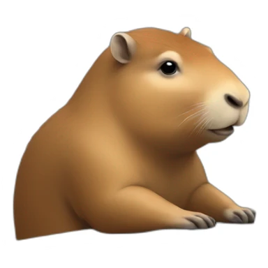 capybara is sitting at a table, typing in front of a computer sticker