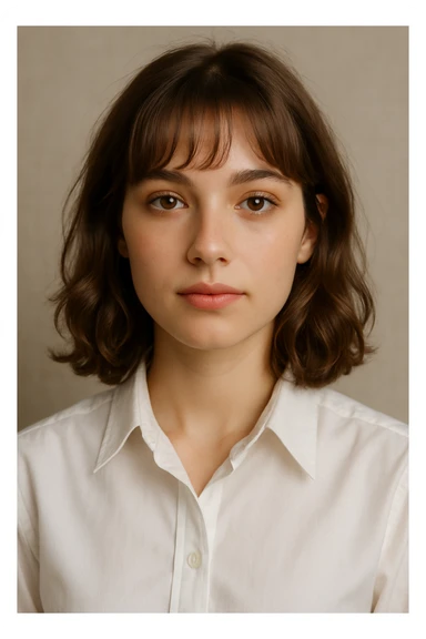 portrait of a 22-year-old woman with brown eyes, light brown shoulder-length hair with soft curls and bangs, light makeup, wearing a white dress shirt sticker