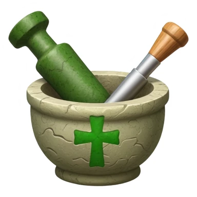 mortar with pestle, with green cross on mortar sticker
