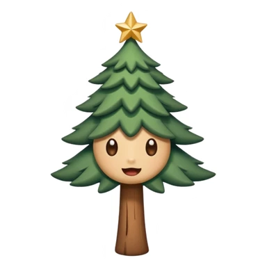 Un emoji représentant un petit sapin stylisé, sans bouche, avec deux grands yeux de biche brillants couleur cannelle. Style minimaliste, mignon et expressif, comme un sticker ou un emoji moderne. Fond parfaitement transparent, haute qualité, bien centré. sticker