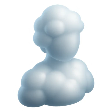 shoulder-up person fully made of white fluffy convex clouds, matte glass style, volumetric and soft clouds, airy and light appearance, clouds with slight transparency, no background sticker