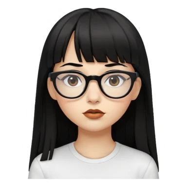 uma mulher snapchat icon, cor da pele normal, cabelo preto liso grande, solto grande com franja vegana, franja inteira curta, óculos pretos, com piercing na boca e nariz, olhos castanhos, camisa branca, a tela de fundo branca, coloque um brinco na boca e no nariz sticker