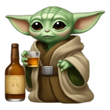 small baby Yoda drinking a big bottle of whiskey sticker