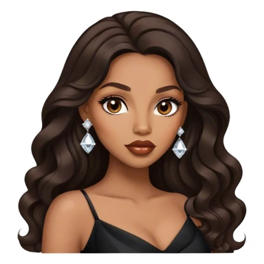 light brown skin tone, very beautiful woman, with big plump lips, long long lashes, black wavy long hair, brown eyes, black dress, diamond earrings sticker
