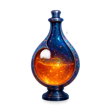 modernus prabangus eliksyro buteliukas, Patreon logotipo įkvėpta forma, oranžinė ir tamsiai mėlyna spalvos, holografiniai ir sidabriniai ornamentai, stiprūs magiški švytėjimai ir efektai, labai mažas kaklelis, skaidrus fonas, vientisas dugnas, be šešėlio, plūduriuoja ore, kolekcijos stilius sticker